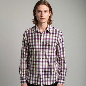 J. CREW Quality Linen/Cotton Long Sleeve Button Down Shirt Purple Yellow Plaid
